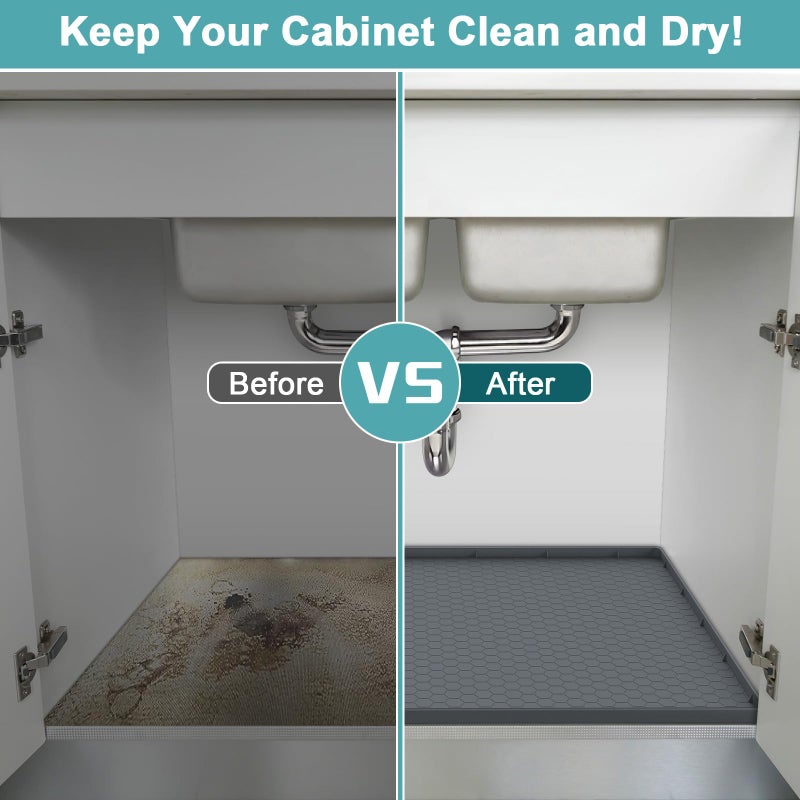 MECHEER Under Sink Mat 28"" x 22"", Silicone Under Kitchen Sink Mat, Waterproof Under Sink Protector Mat, Shelf Liners Cabinet Liner for Kitchen and Bathroom, Gray - Image 5